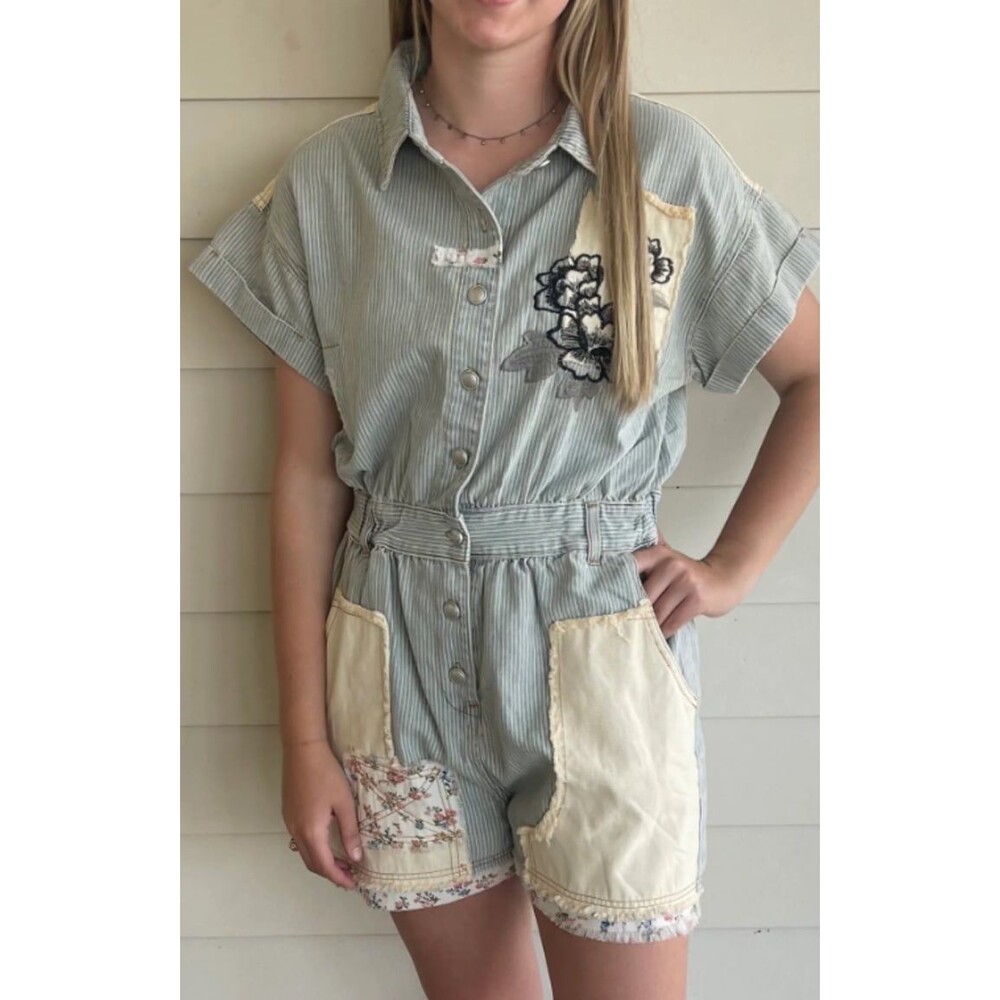 POL romper POL shorts romper button down STRIPED pinstriped cuffed bohemian NEW